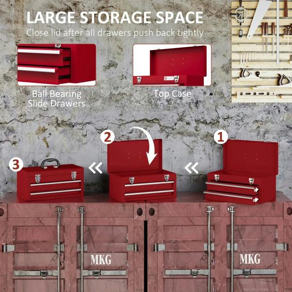 Red metal tool chest with open top case and two closed drawers on display