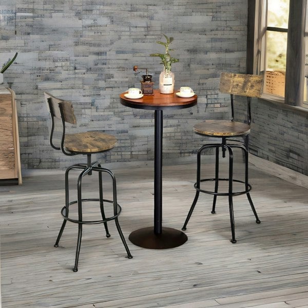 Rafaelo Mobilia Set Of 2 Industrial Rustic Brown Bar Stools With Back & Footrest