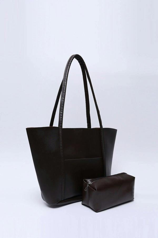 Hoxton Gal Large Faux Leather Tote & Shoulder Bag with Front Pocket, Snap Closure, and Matching Makeup Pouch