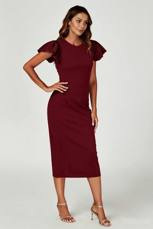 FS Collection Volume Sleeve Bodycon Midi Dress In Burgundy