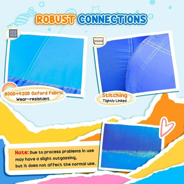 Reinforced inflatable bouncy castle fabric and stitching connection details