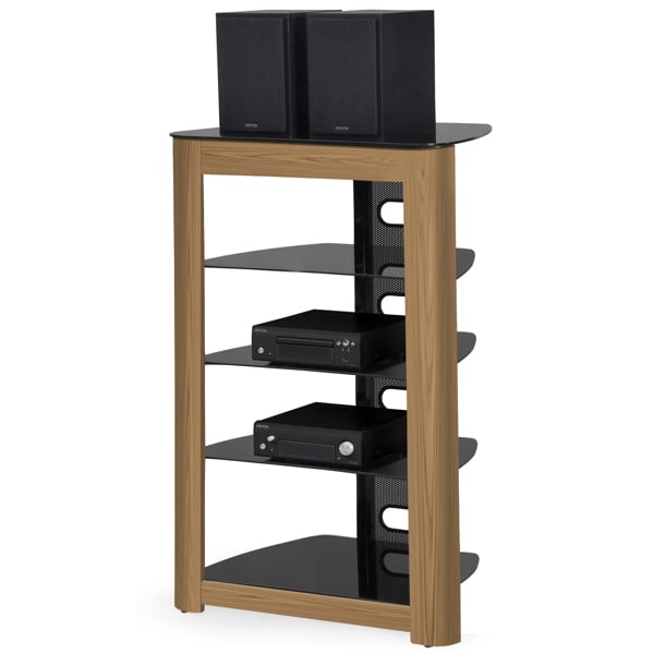 Centurion Supports Zinnia Black with Oak Fascia 5-Shelf Flat Screen TV, Hi-Fi, AV Rack, Media Stand, Entertainment Unit