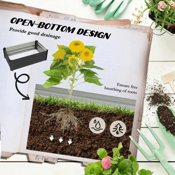 Dark grey steel raised planter boxes showing open-bottom drainage design