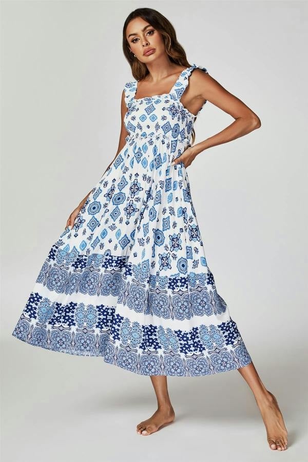 FS Collection Blue Border Print Hem Detail Tiered Maxi Dress In White