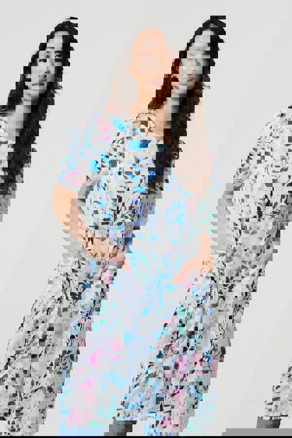 Blue | Leaf Print Pocket Front Short Shift Dress
