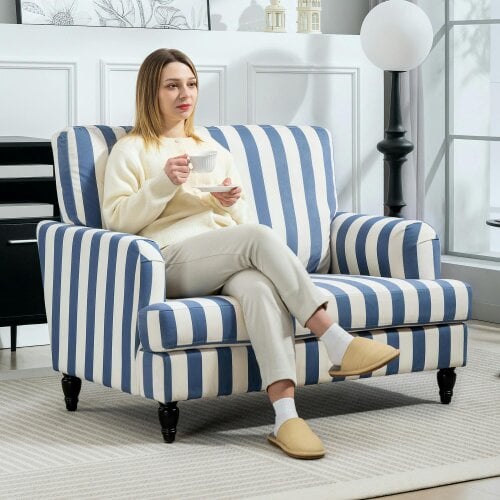 HOMCOM Cuddle Chair with Stripe, Armchair for Living Room, Black and White - Blue