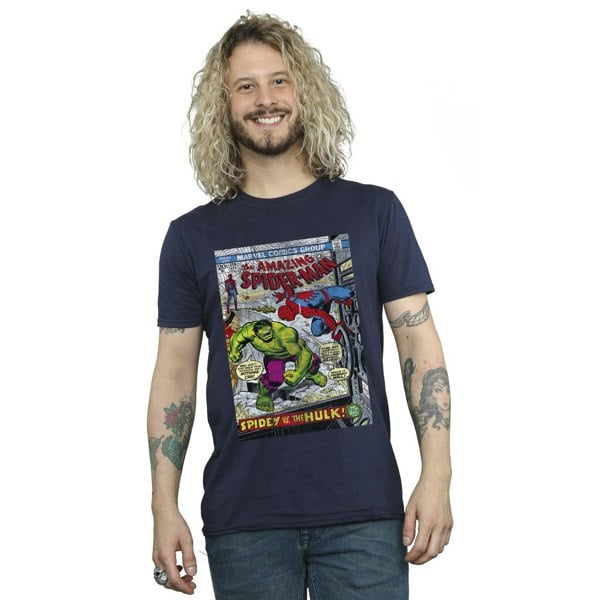 Marvel Mens Spider-Man VS Hulk Cover T-Shirt - Navy Blue