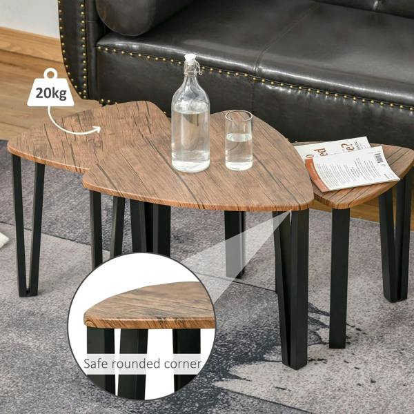 Walnut wood grain tabletop with rounded corner on triangular nesting table with black legs