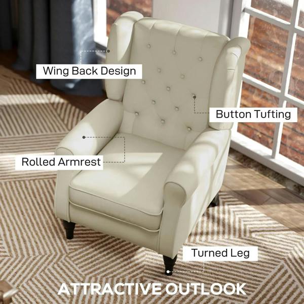 Cream wingback accent chair with button-tufted back, rolled arms, and turned legs