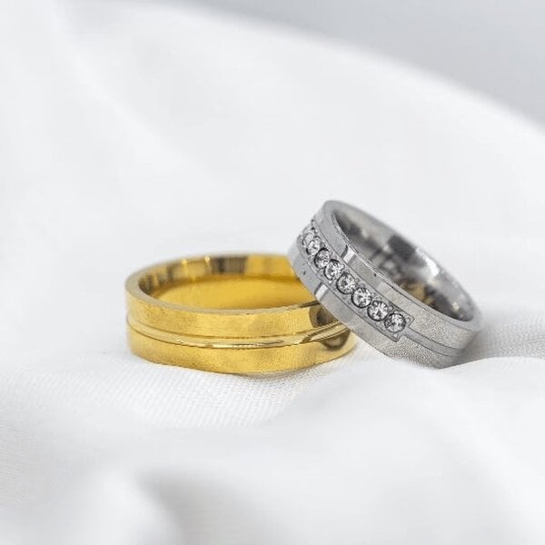 The Colourful Aura Silver Gold Couple Wedding Promise Band Ring Set