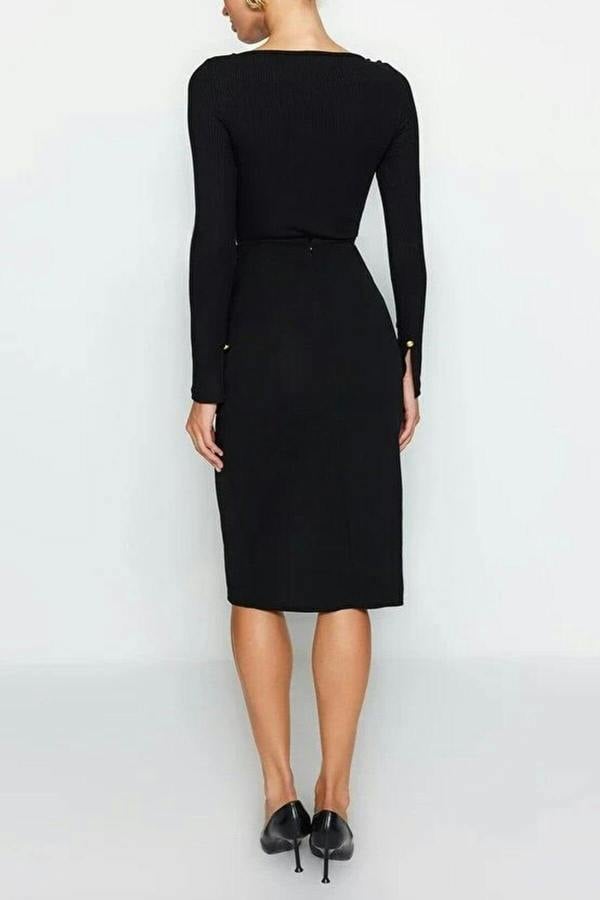 WOVCOR Smart Scuba Crepe Buttoned Midi Slit Stretch Knit Skirt