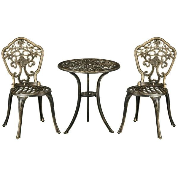 Bronze cast aluminum bistro set with two armless chairs and round coffee table