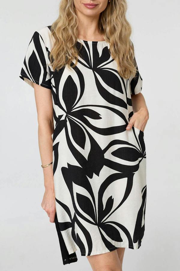 White | Printed Short Sleeve Short Shift Dress