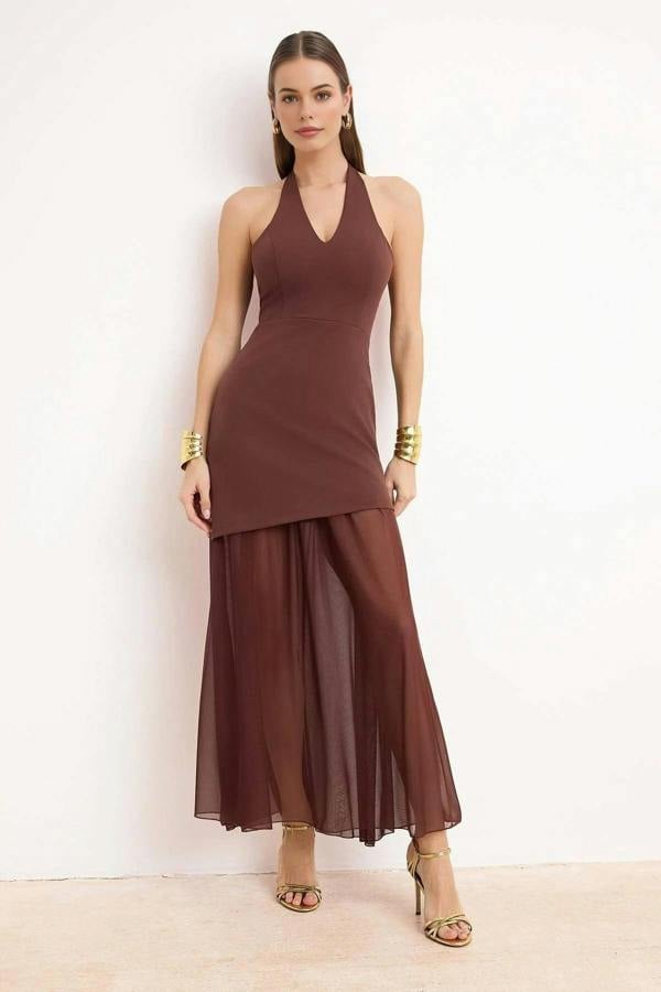 WOVCOR Tulle Detail Maxi Evening Dress