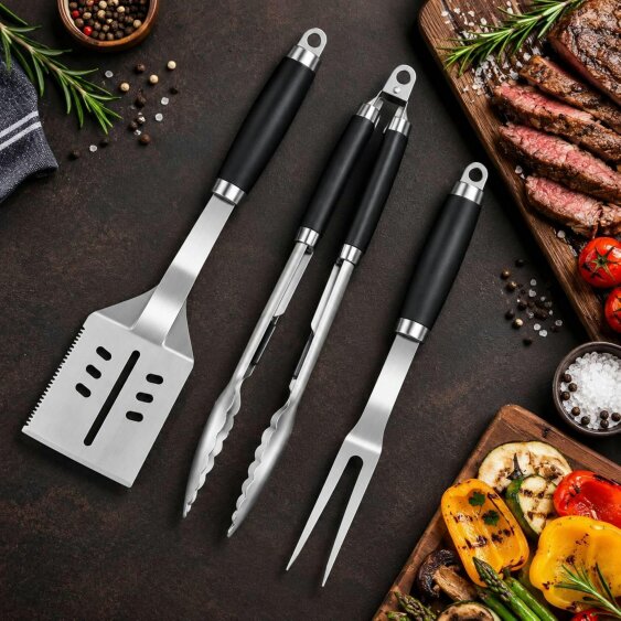 Dyzi 3 Piece Stainless Steel BBQ Tool Set 39.42cm Grilling Utensils