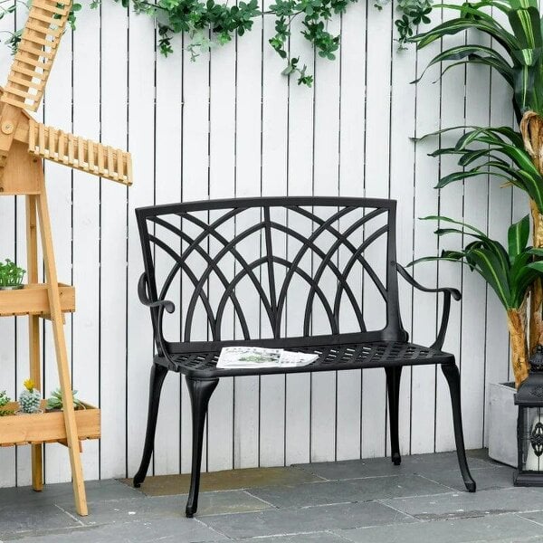 2-Seater Cast Aluminium Garden Bench Loveseat Outdoor Furniture Chair w/ Decorative Backrest & Ergonomic Armrest for Patio Terrace Porch