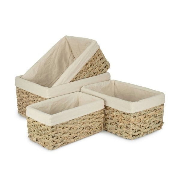 Small Thatch Grass Woven Storage Basket with White Cotton Lining