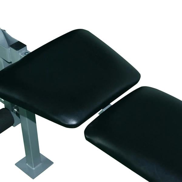Black padded bench seat and backrest cushions on adjustable weight bench frame