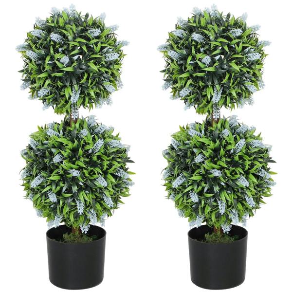 Set of 2 artificial green topiary ball trees in black pots with lavender flowers