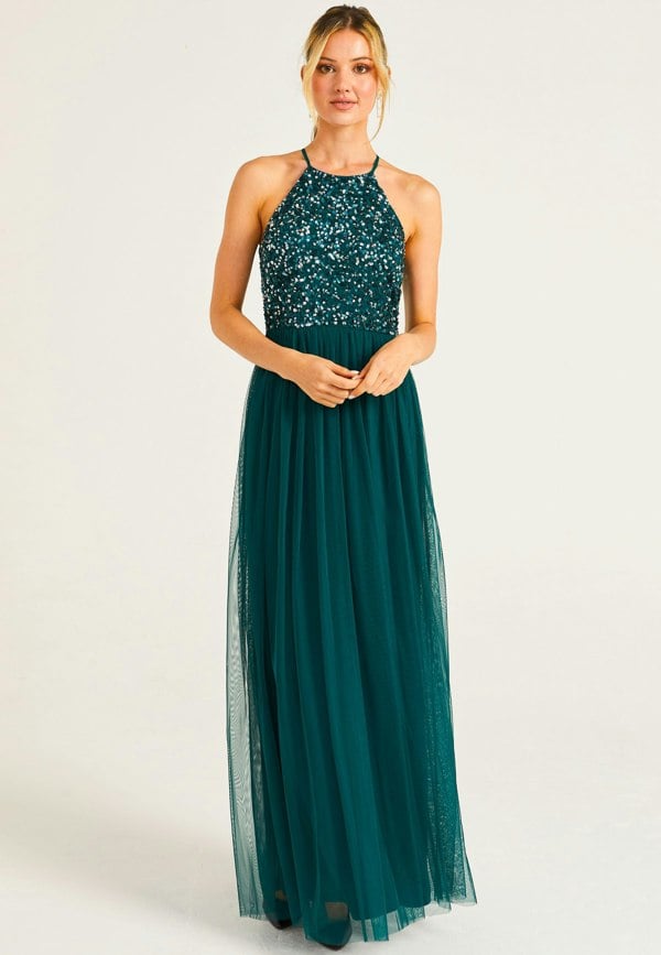 Embellished Halter Neck Maxi Dress in Emerald Green - ANGELEYE