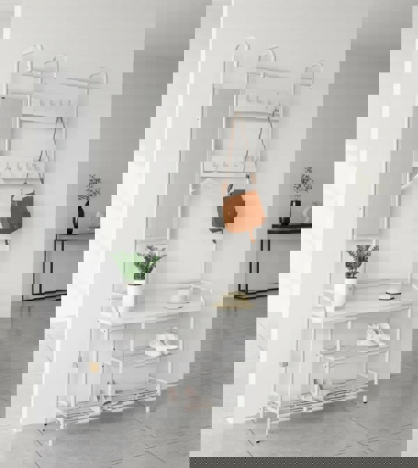 Modcraft Entryway Coat Hanger Stand with Shoe Bench & Mirror Black Rustic Oak Hallway Storage Unit