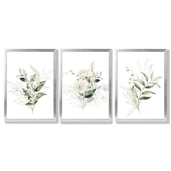 White an Green Floral Bouquets Set of 3 Framed Art Prints with Silver Wood Frames