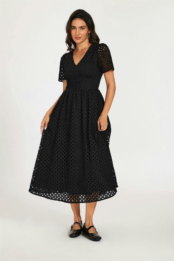 FS Collection Broderie Anglaise Midi Dress In Black