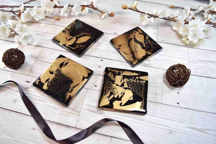 Kate Chesters Art Black Gold Resin Coasters for Drinks Set of 4