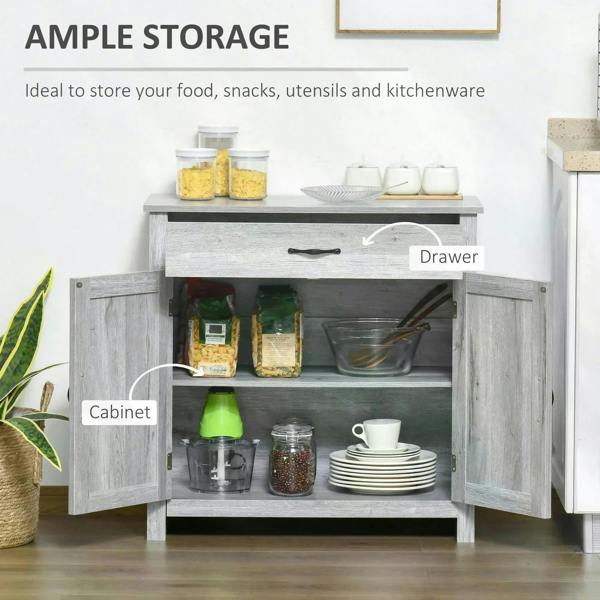 Grey sideboard cabinet with open compartments inside barn doors and a drawer