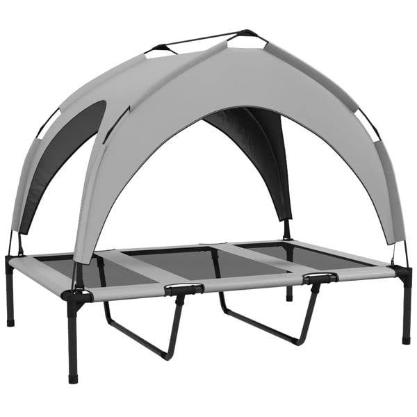 Light grey raised dog bed with removable arched canopy and breathable mesh base