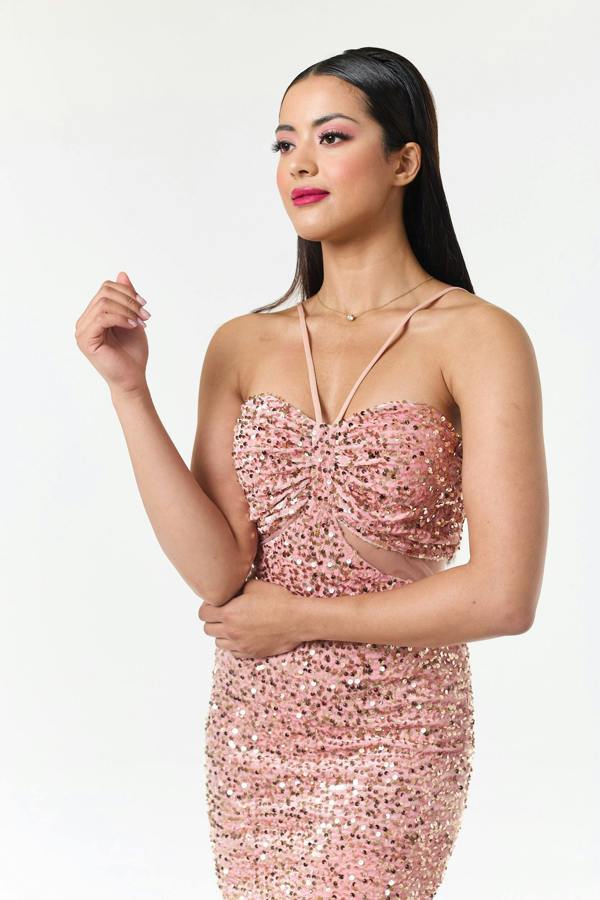LuvForever Rose Pink Bandeau Sequin Maxi Dress