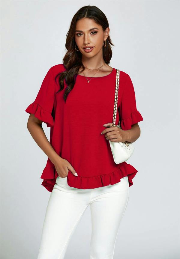 FS Collection Frill Detail Short Sleeves Top In Red