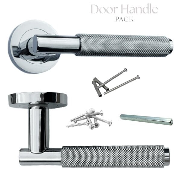 EDH Door Hardware Polished Chrome Knurled Door Handles on Round Rose – Handle Sets