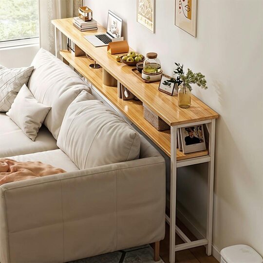 Havendro 2-Tier Console Table, Wood Side Table with Metal Frame, Narrow Sofa Table
