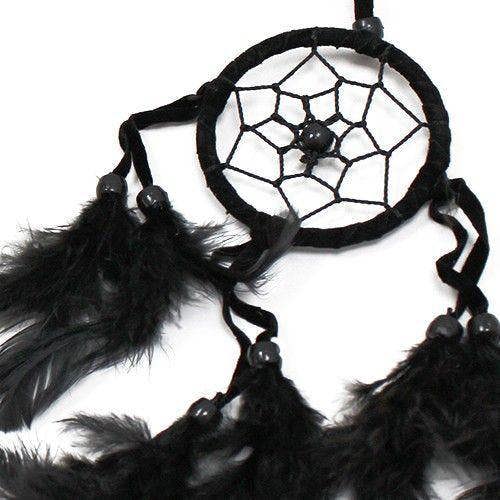 Small round black dreamcatcher with web net pattern and bead accents