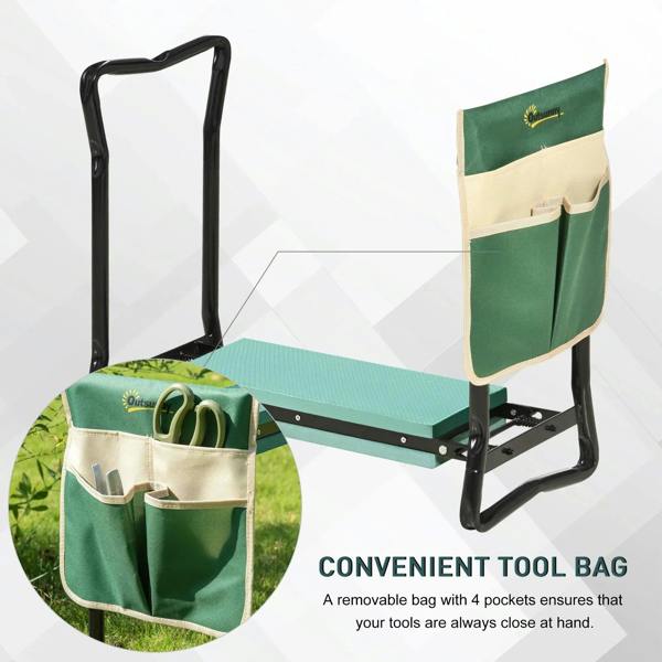 Green padded garden kneeler with attached tool bag and foldable steel supports