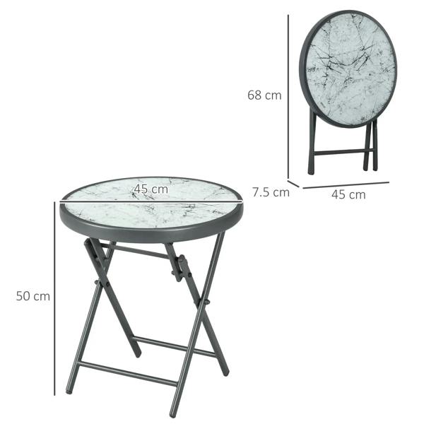 Round folding outdoor side table with marble-look glass top and dark folding legs