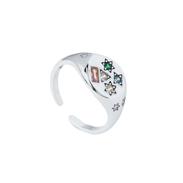 Spero London Kaleidoscope Gemstone Multicolour Round Sterling Silver Adjustable Signet Ring