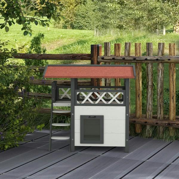 White outdoor cat house with balcony roof, front cat door and side ladder