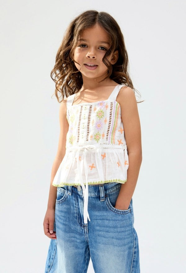Kids Penny Lace Insert All Over Embroidered peplum Cami In Multi - image 2