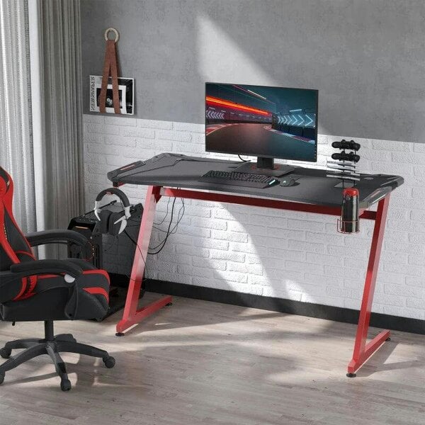 142 x 66 cm Gaming Desk, Carbon Fibre Covered Computer Desk, Gamer Workstation - Headphone Hook, Cup Holder & Gamepad Storage Rack - Black, Red