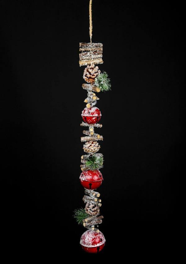 90cm Red Christmas Hanging Decoration with Jingle Bells, Wooden Sticks, Pinecones and Berries image 1