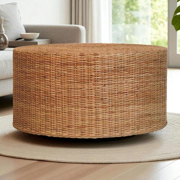Artisan Furniture Solid Wood Regency Round Woven Coffee Table, Beige