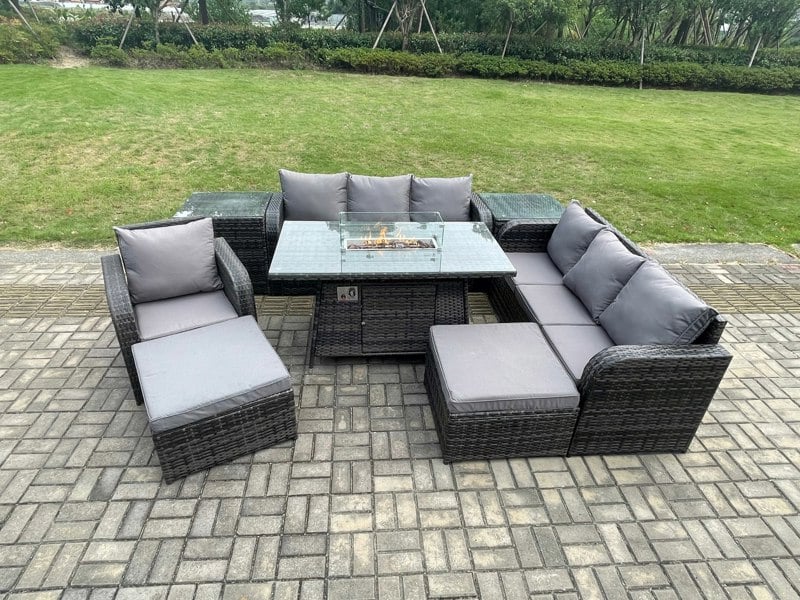 Fimous 9-Seater Rattan Gas Fire Pit Dining Set | Outdoor / Indoor Sofa, Reclining Chair, 2 Side Tables & 2 Footstools