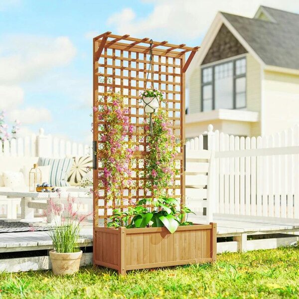 Raised Bed with Drainage Holes, Wood Planter with Trellis for Climbing Plants to Grow Vegetables, Flowers, Yellow - Yellow