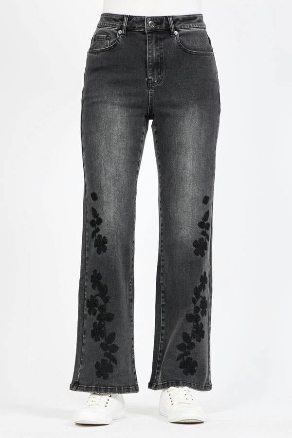Mudflower Embroidered Floral Wash Black Wide Leg Jeans