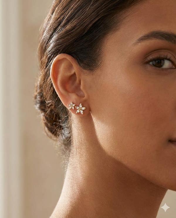 Close-up of a woman wearing a floral earring with a neutral background.Bloomtine_Gold_Vermeil_Flower_studs_designed_for_gifting