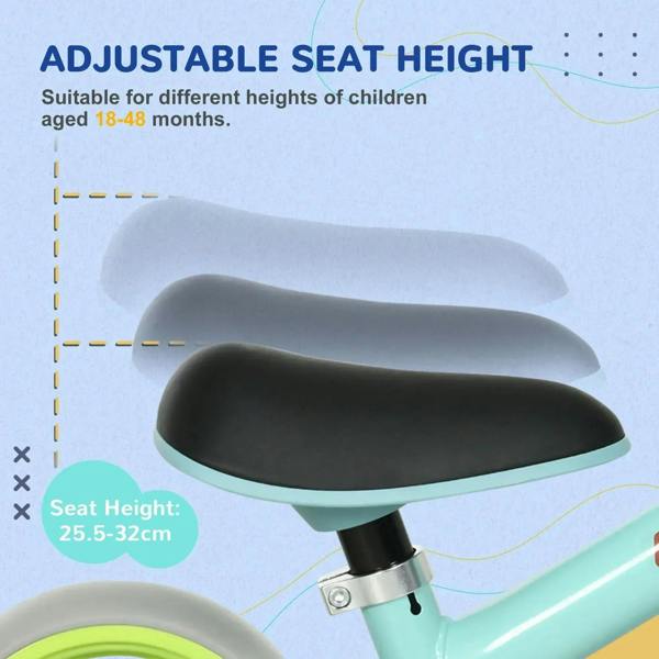 Adjustable balance bike seat and stem with black PU seat on light green frame