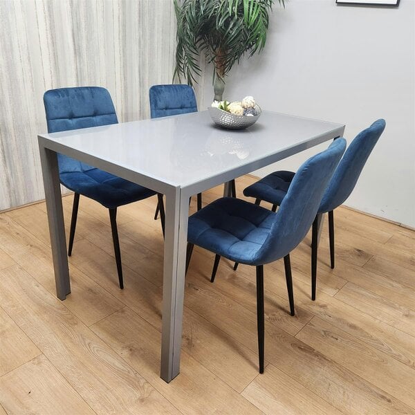 Kosy Koala Dining Table and 4 Blue Velvet Chairs Grey Glass Table 4 Velvet Chairs  Dining Room Furniture