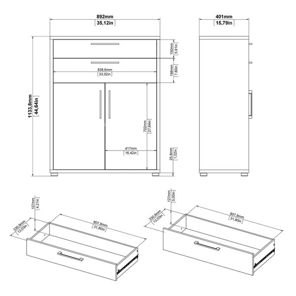 Wyld Haus Dris White Wooden Bookcase 1 Shelf 2 Drawers 2 Doors